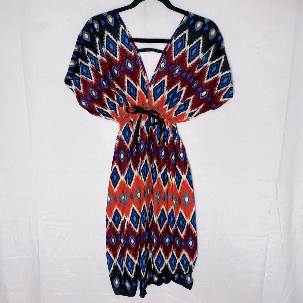 Boho Multicolor Elastic Waist Tribal Print Kaftan Dress Swim Cover S